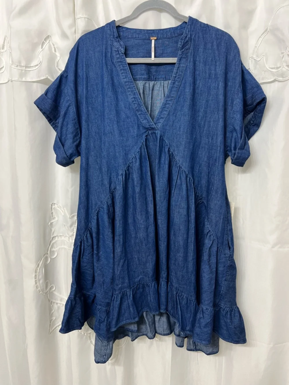 Free People NWT Chambray Babydoll Mini Dress Blue Oversized Ruffle Small
